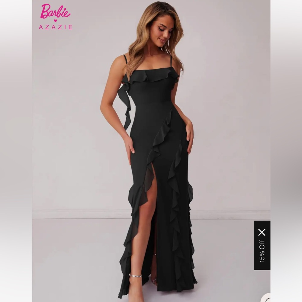 Size 16 black
BARBIE™  AZAZIE 1001
Chiffon Ruffle Column Dress with Leg Slit